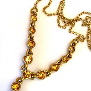 MONET Lariat Necklace Amber Glass Rhinestone Gold